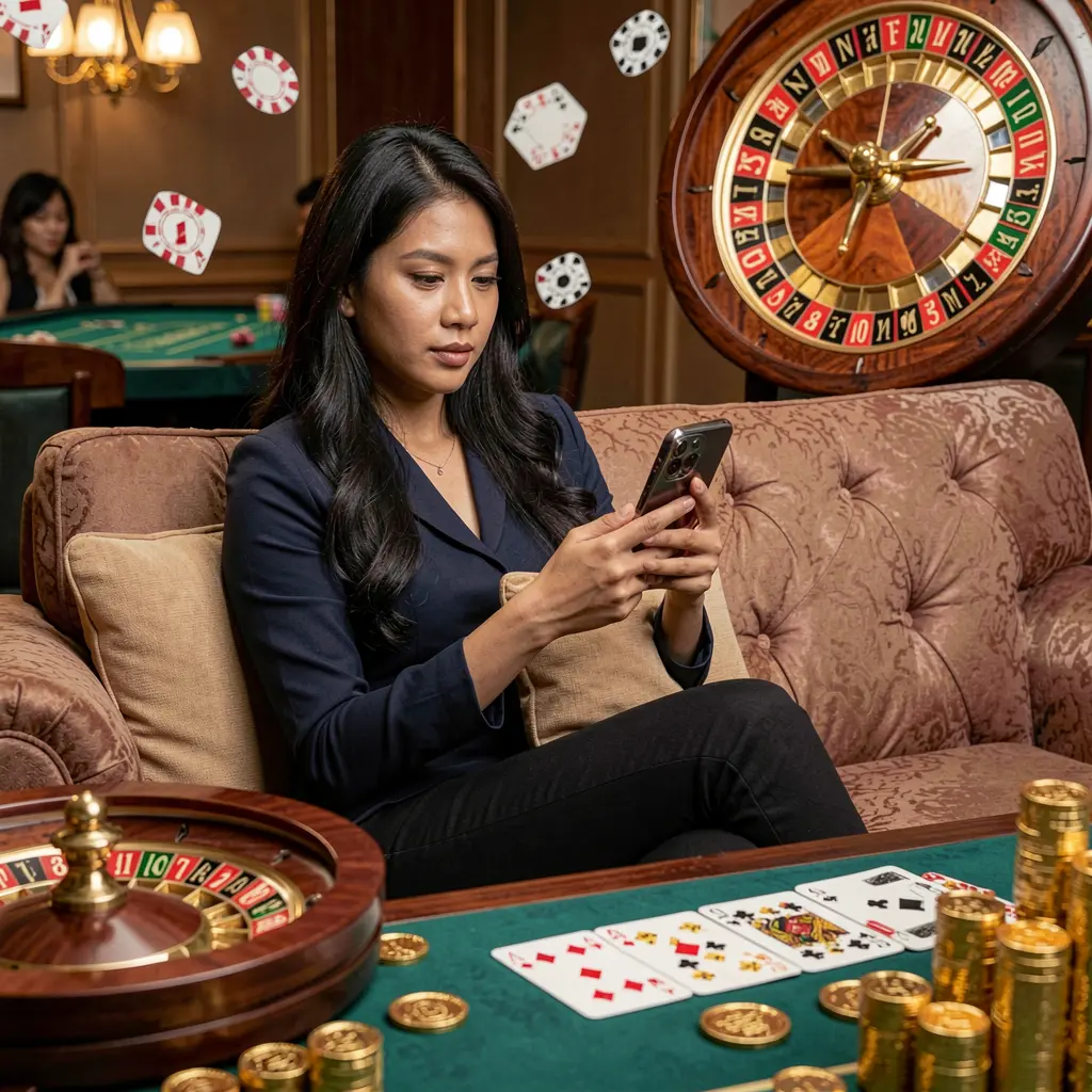 Stylish Filipino woman relaxing on a sofa while using the BLAST PH casino app surrounded by floating gold coins and roulette visuals