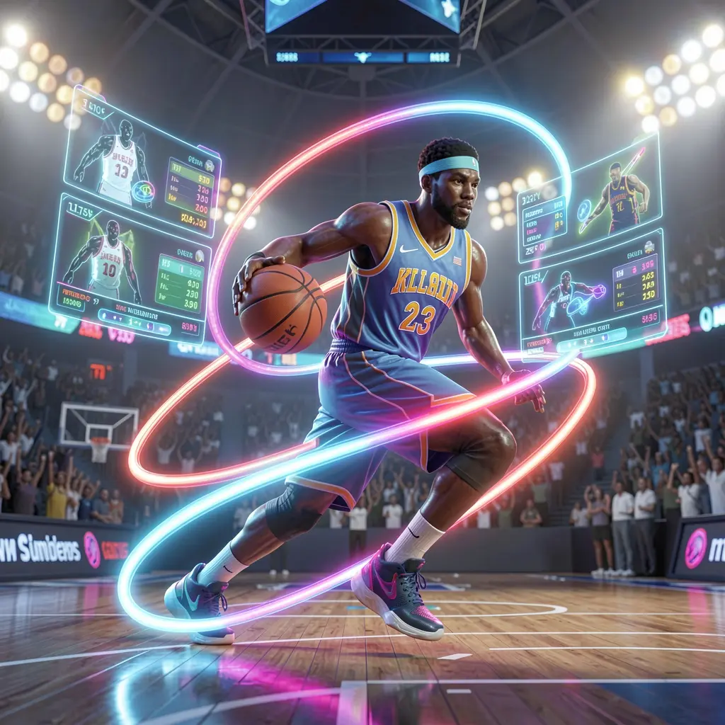 Dynamic neon basketball player surrounded by digital betting interfaces and stadium lights representing fast sports betting on BLAST PH in the Philippines