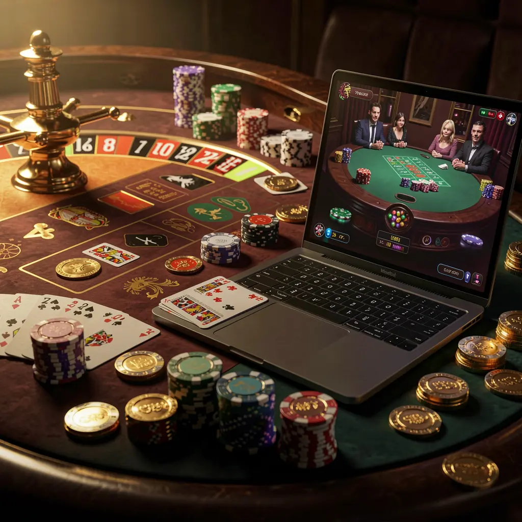 Elegant online roulette setup with casino chips and a laptop displaying live gameplay highlighting the premium BLAST PH casino experience for players in the Philippines
