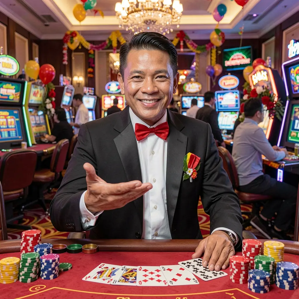 Confident Filipino casino dealer inviting players to join a live table with cards and chips on BLAST PH